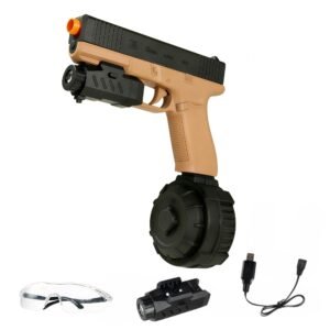Electric Gel Ball Blaster Toy,with a non-removable orange muzzle,comes with safety goggles and a charging cable.