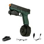 Electric Gel Ball Blaster Toy,with a non-removable orange muzzle,comes with safety goggles and a charging cable.