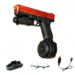Electric Gel Ball Blaster Toy,with a non-removable orange muzzle,comes with safety goggles and a charging cable.